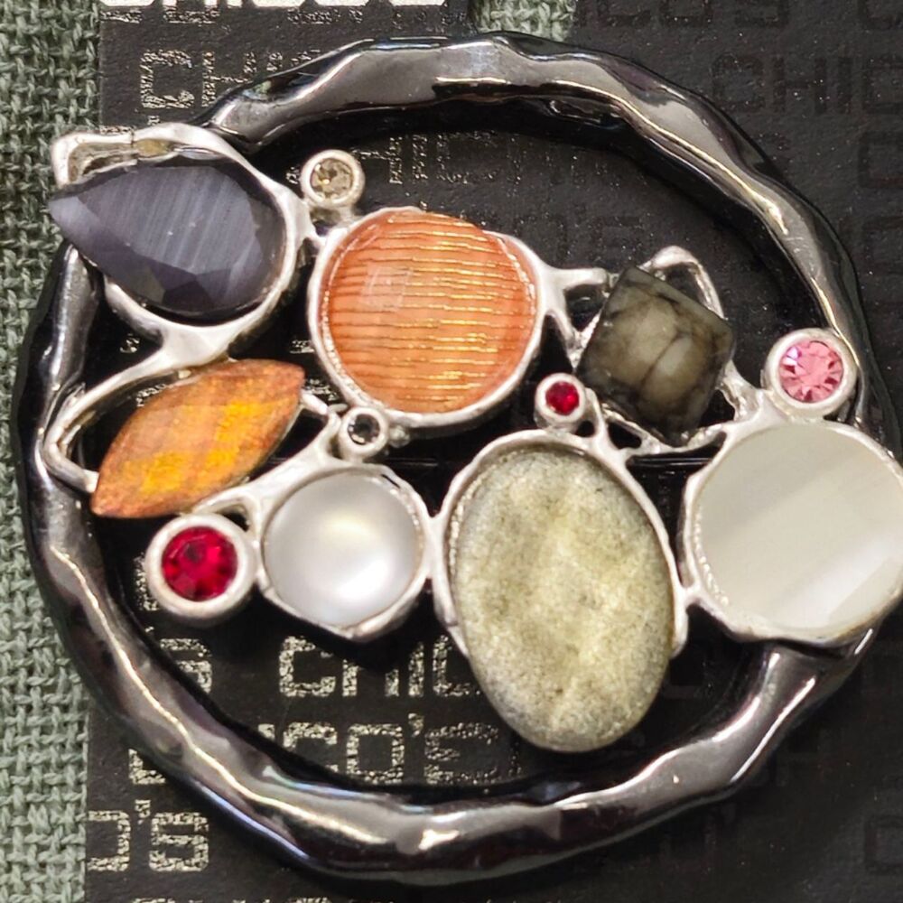 NWT Chico's Multi Color Silver Tone Bead Brooch Metal Frame Design
